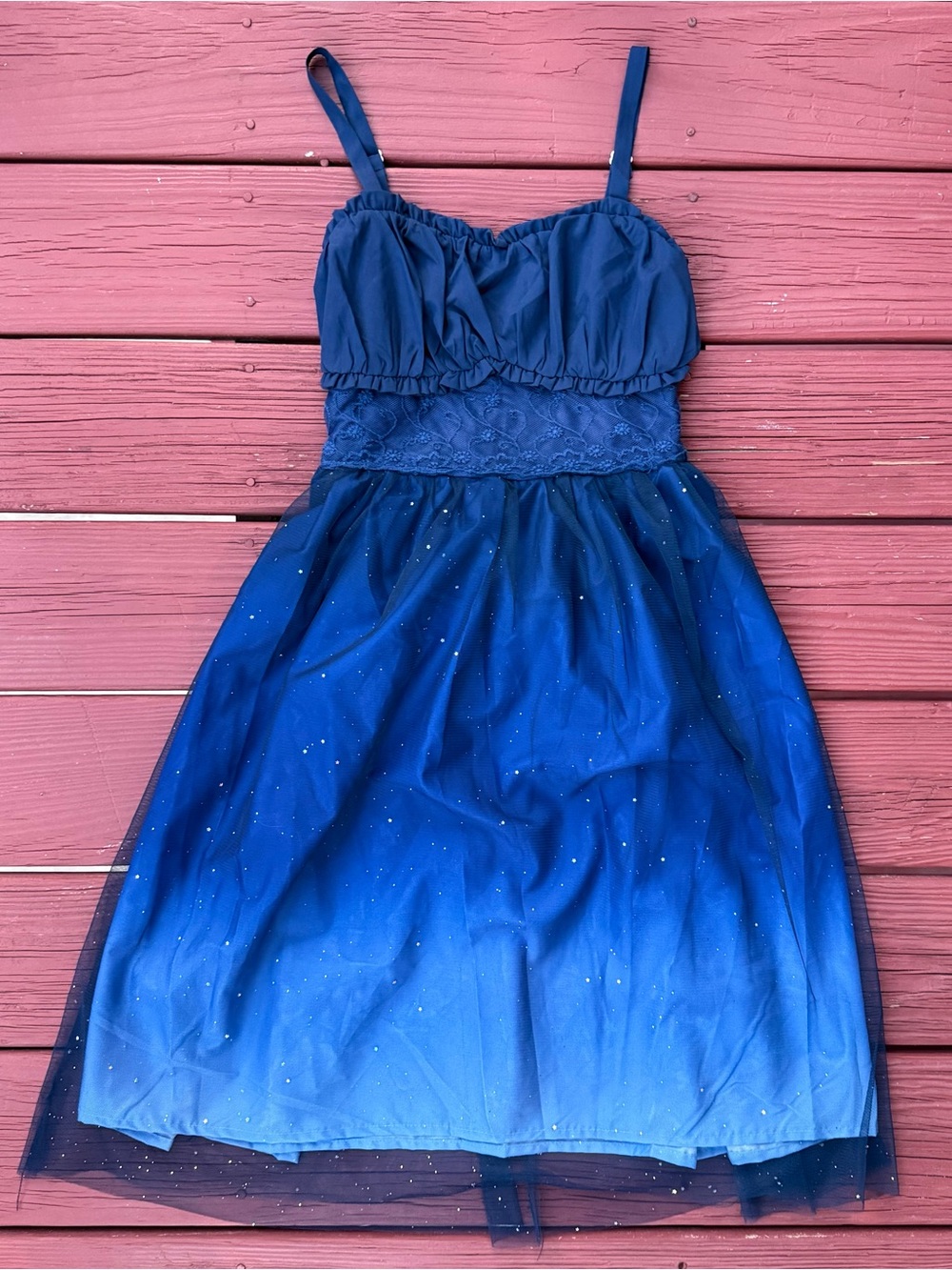 Blue Ombre Sparkle Mini Dress with Lace Waist